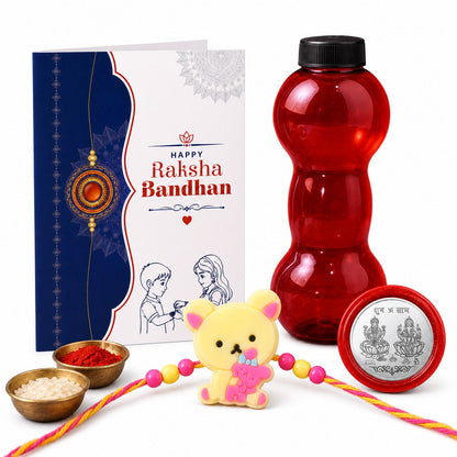 Cute Teddy Bear Rakhi with Water Bottle Gift Combo - Kids Rakhi, Silver-Plated Coin, Roli Chawal & Greeting Card