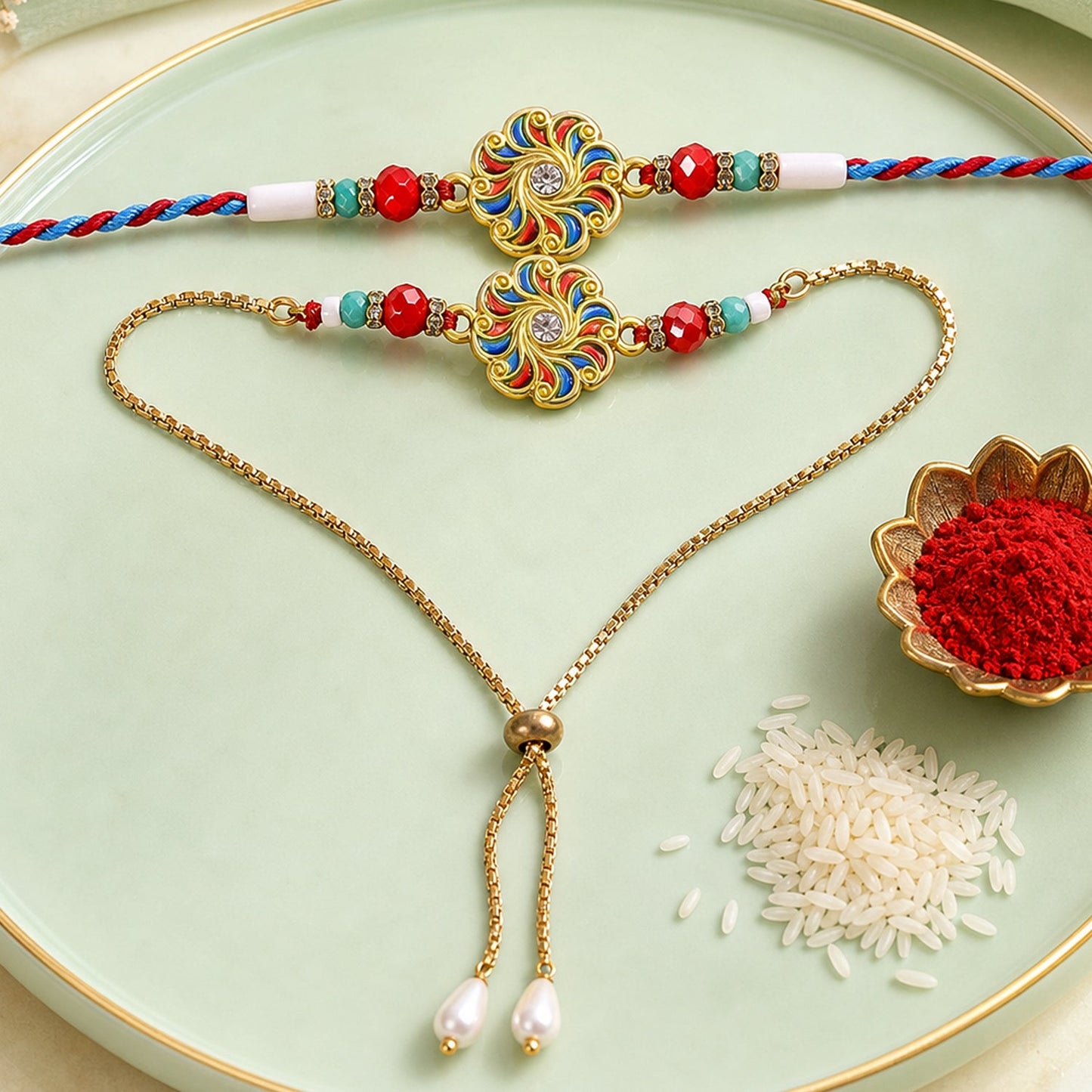 Two colorful floral bracelets, one with a thread and one with a chain, are arranged on a light green plate with kumkum and
