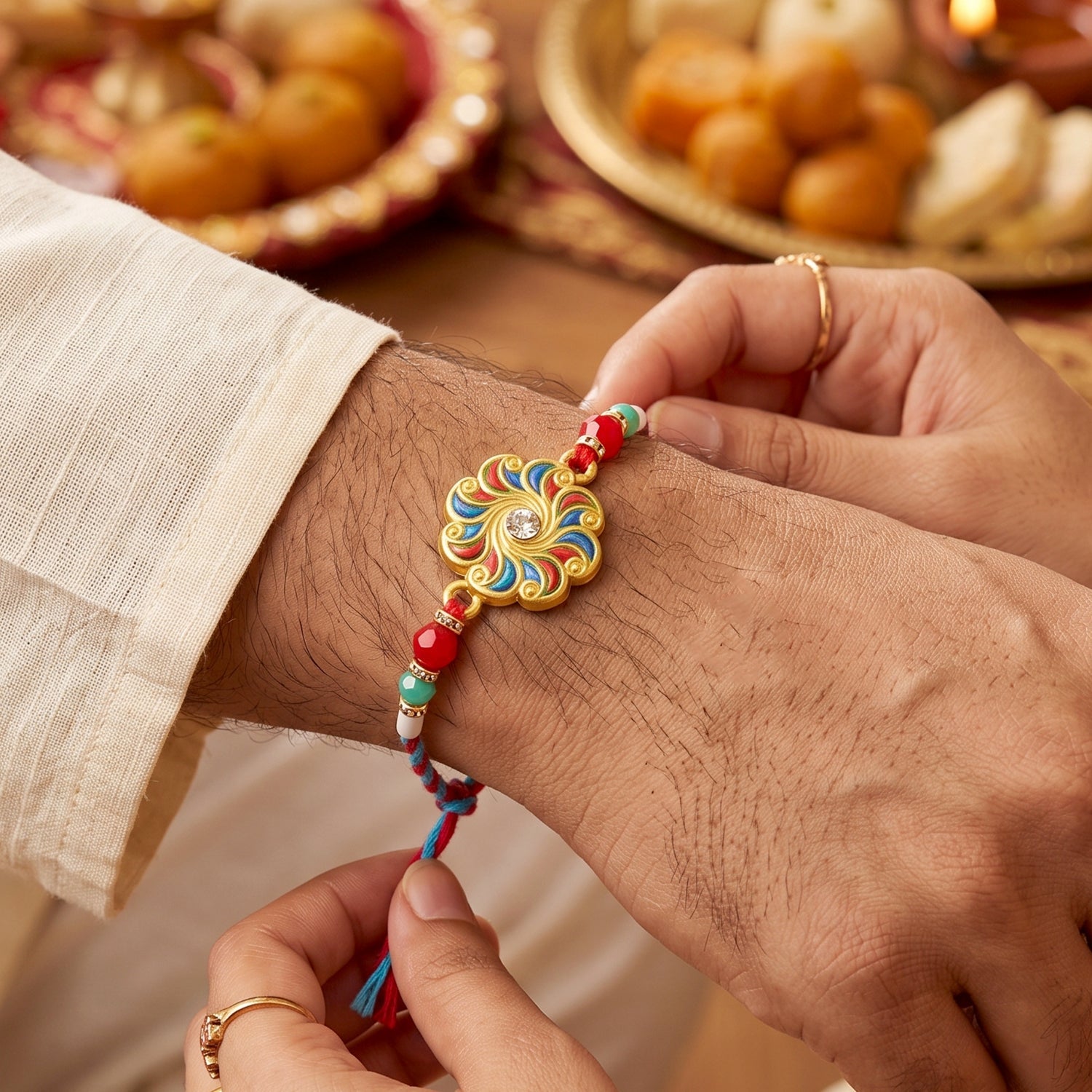 A person's hands tie a colorful floral Rakhi onto another person's wrist, with Indian sweets blurred in the background.