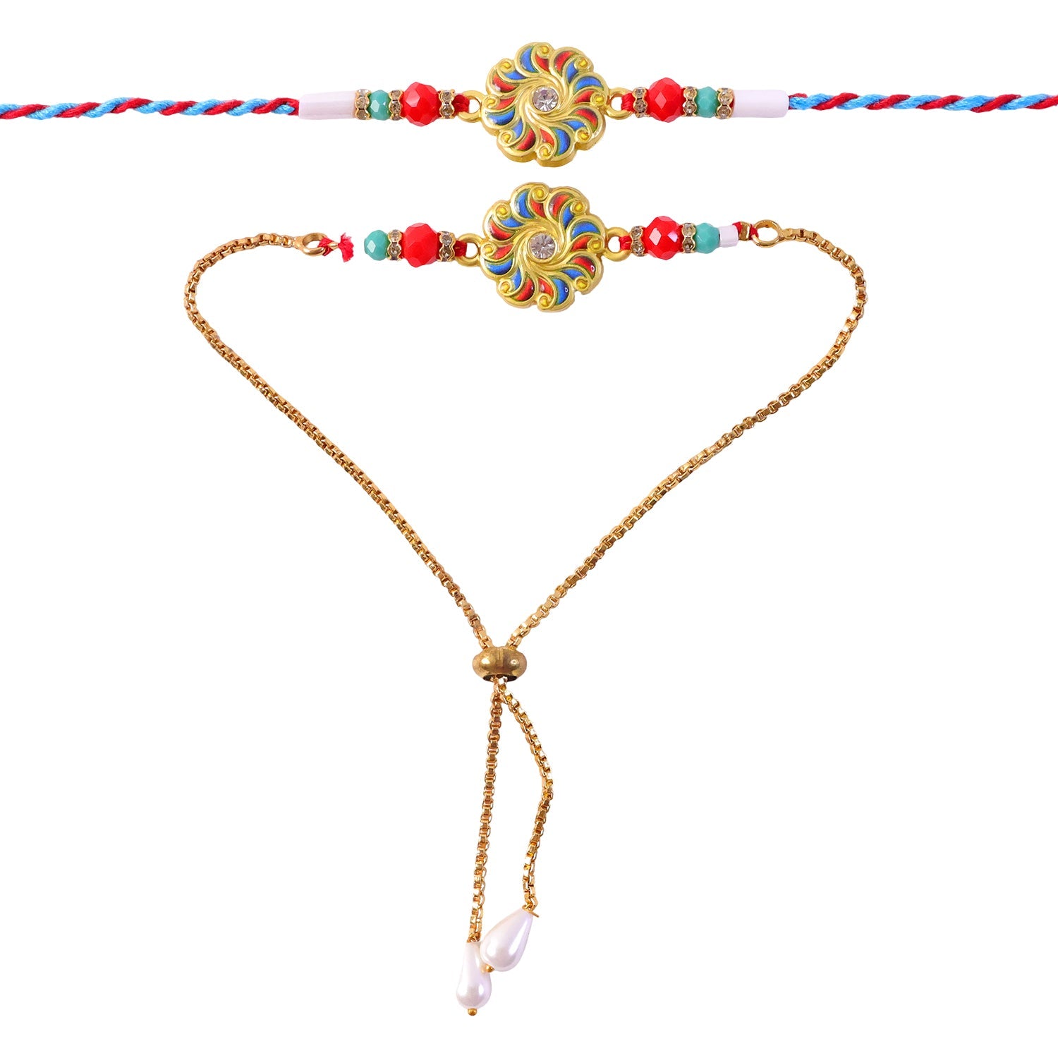 A colorful floral Rakhi with a thread and a matching bracelet with a gold chain and pearl drops are displayed on a white