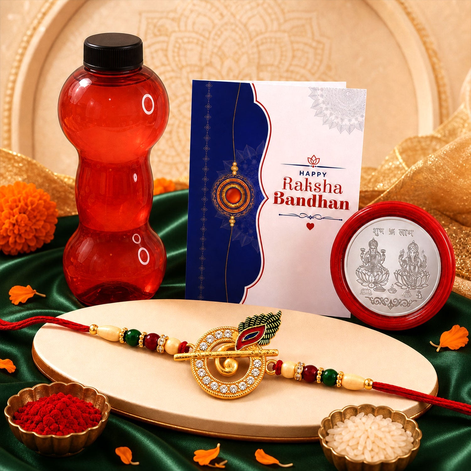 Traditional Peacock Design Rakhi with Water Bottle Gift Combo - Gold-Plated AD Stone Rakhi, Silver-Plated Coin, Roli Chawal & Greeting Card