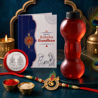 Traditional Peacock Design Rakhi with Water Bottle Gift Combo - Gold-Plated AD Stone Rakhi, Silver-Plated Coin, Roli Chawal & Greeting Card