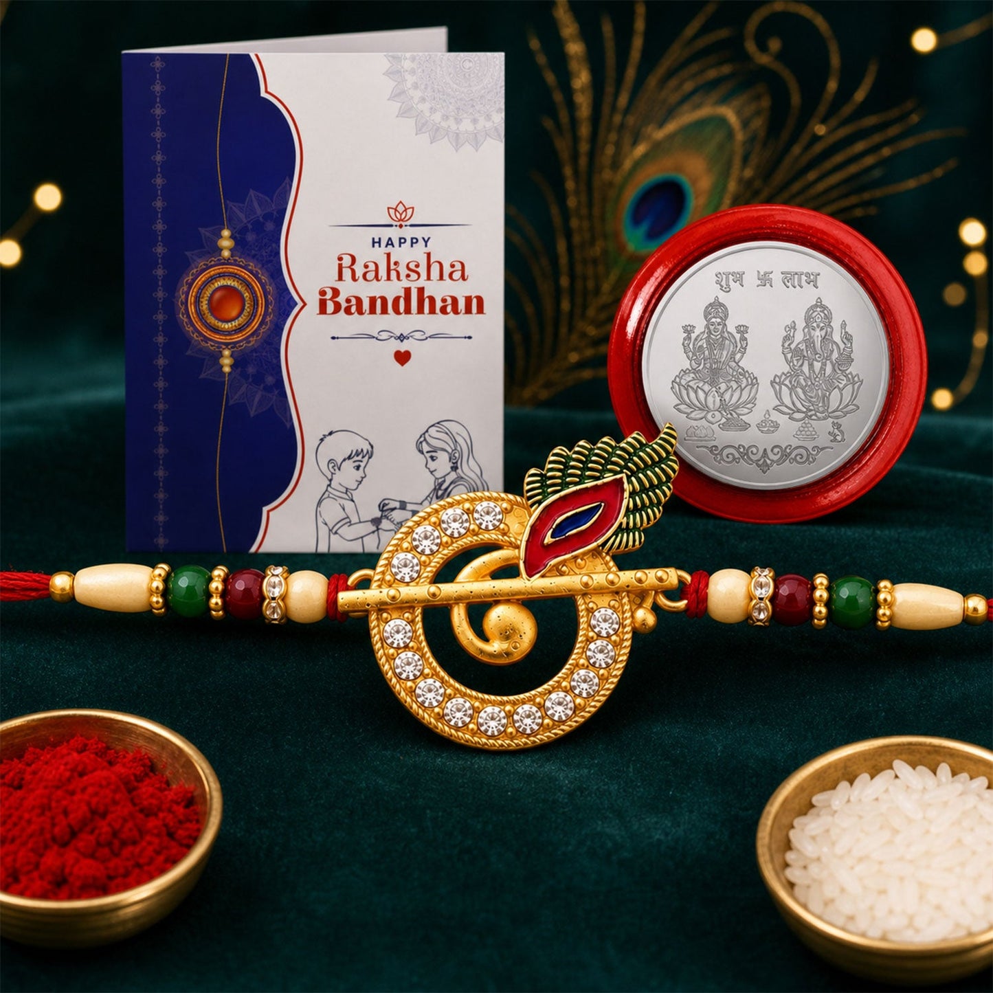 Traditional Peacock Design Rakhi with Water Bottle Gift Combo - Gold-Plated AD Stone Rakhi, Silver-Plated Coin, Roli Chawal & Greeting Card
