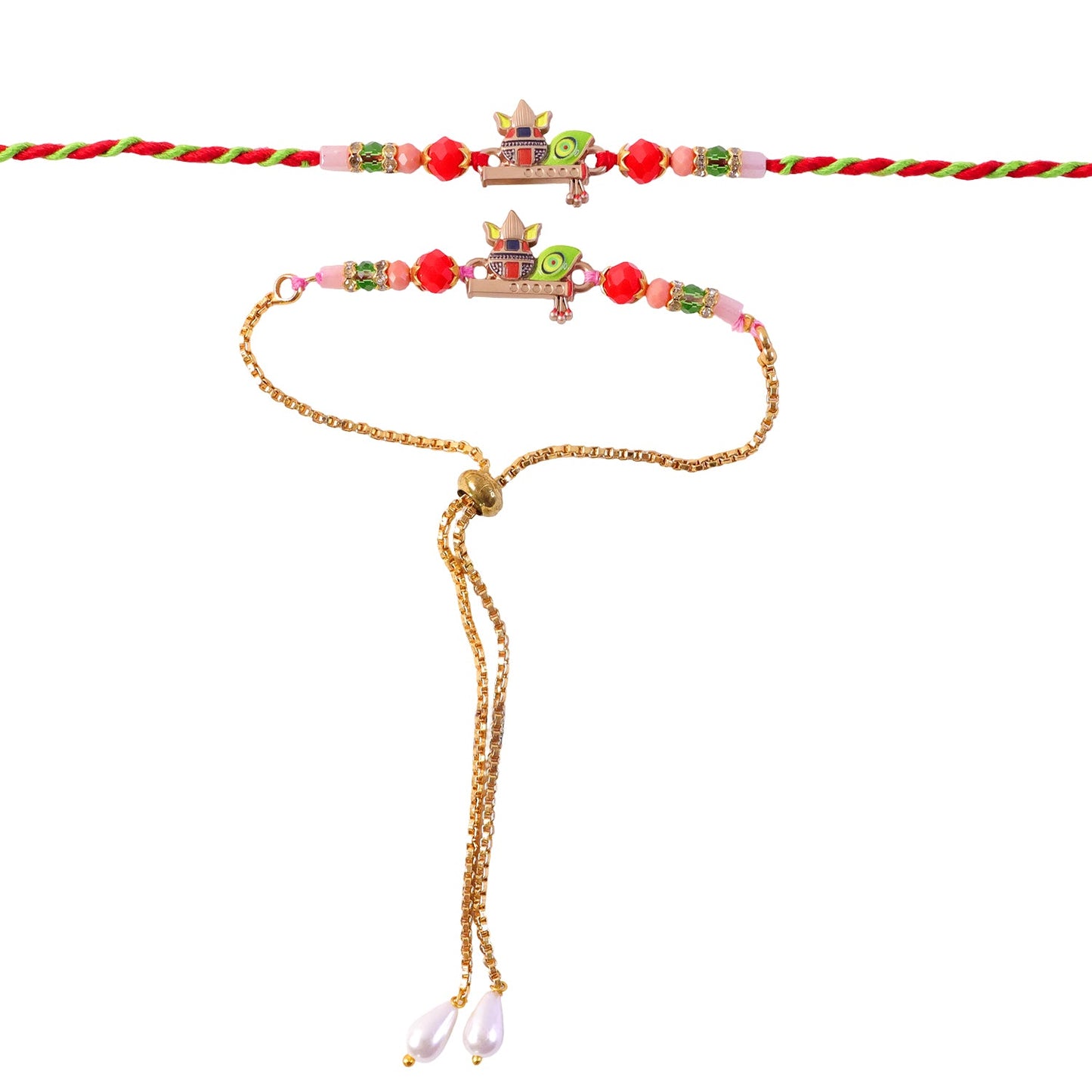 A Kalash motif bracelet set with red and green beads and a gold chain is presented on a plain white background.