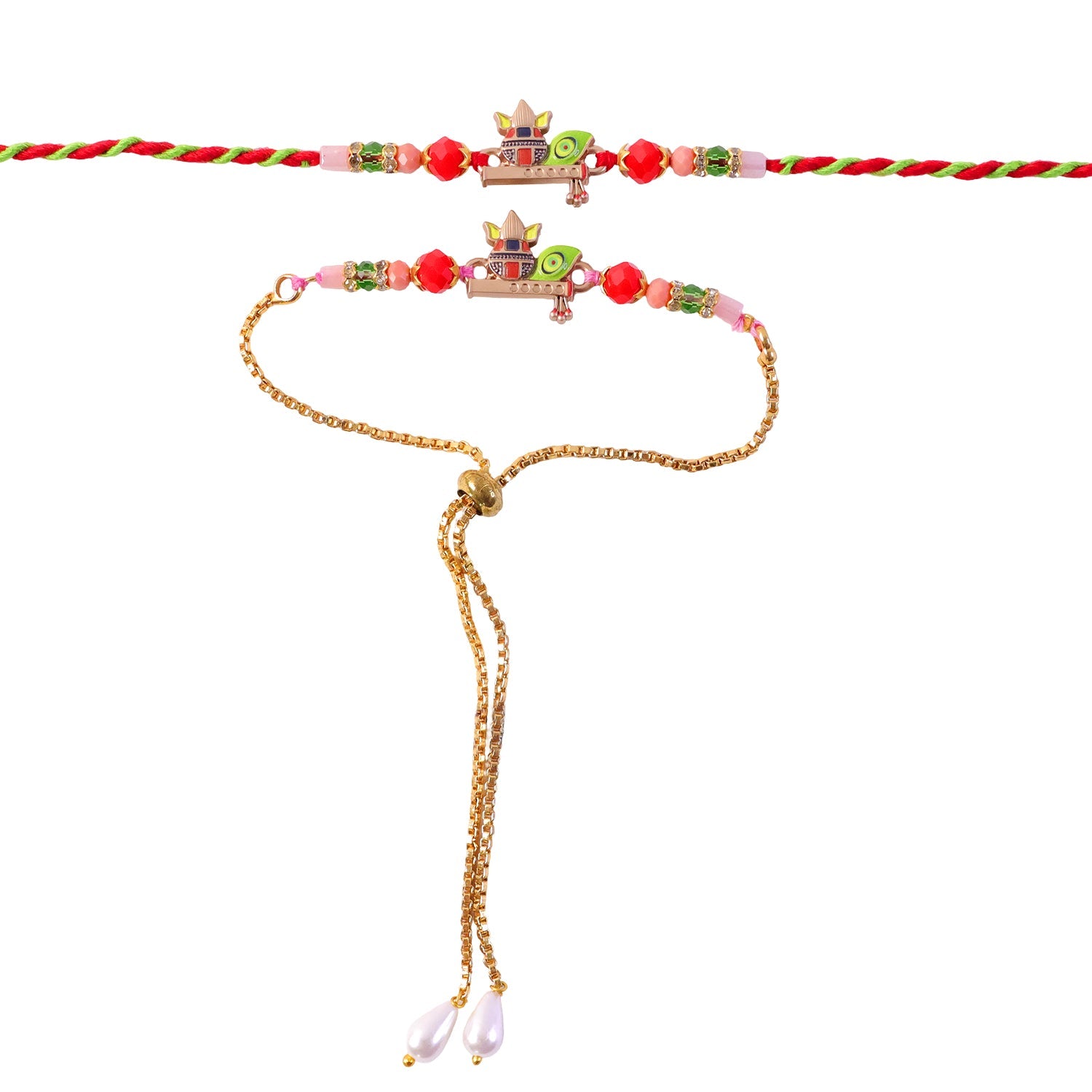 A Kalash motif bracelet set with red and green beads and a gold chain is presented on a plain white background.