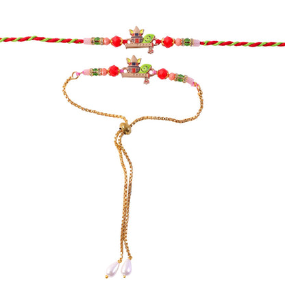 A Kalash motif bracelet set with red and green beads and a gold chain is presented on a plain white background.