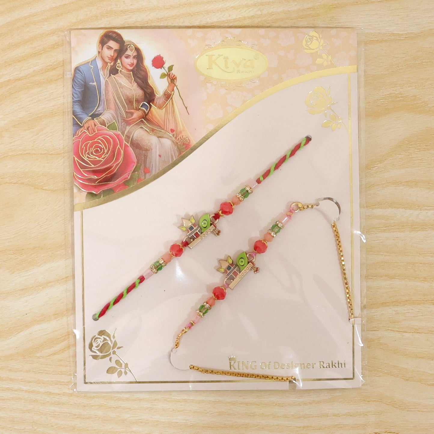 The Kalash motif bracelet set is packaged in a clear plastic sleeve with an illustration of a couple on the backing card.