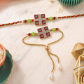 Bhai Bhabhi Rakhi Pair – Square Floral Beaded Lumba Rakhi