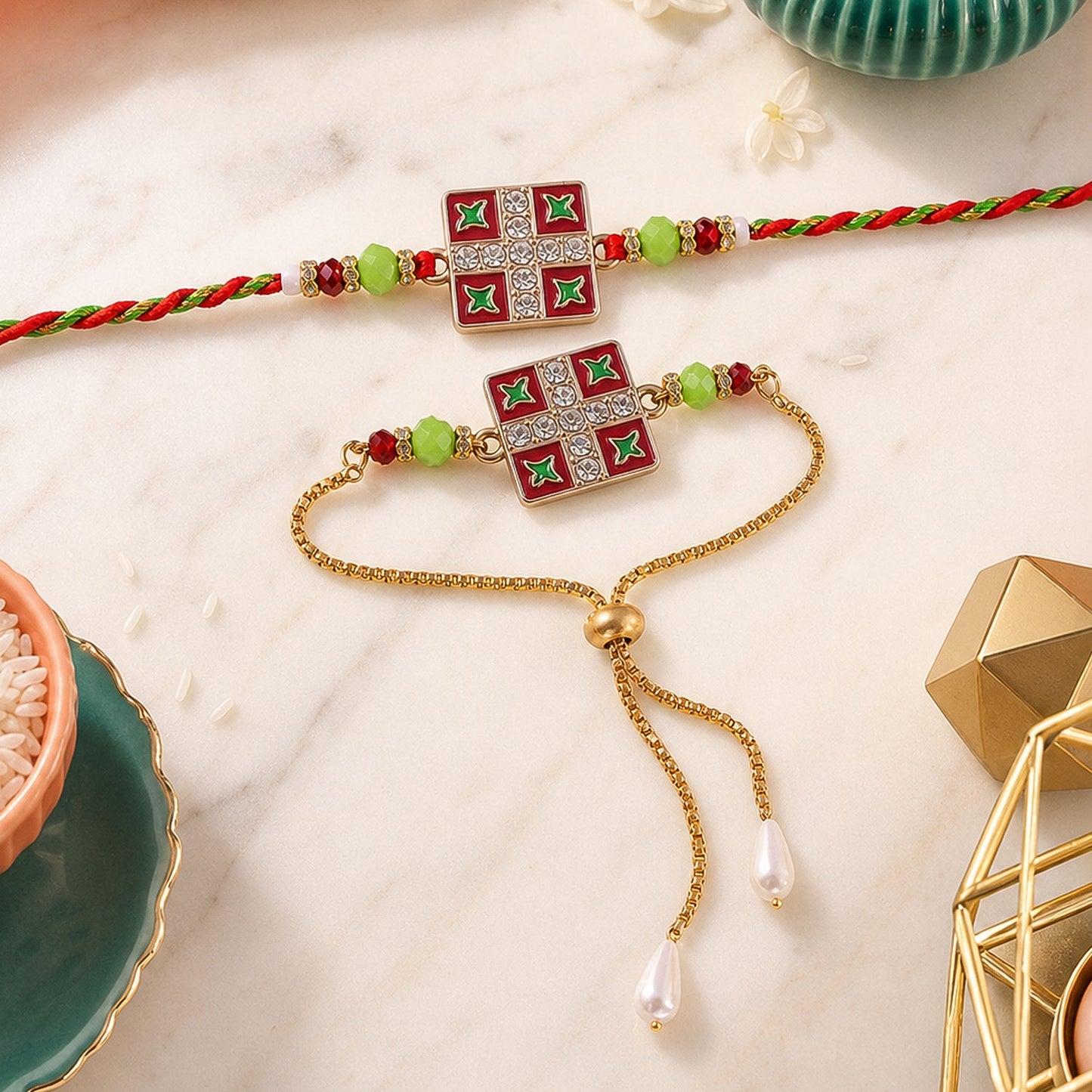 Two red and green beaded bracelets with square floral centers, one on a braided string and the other on a gold chain with