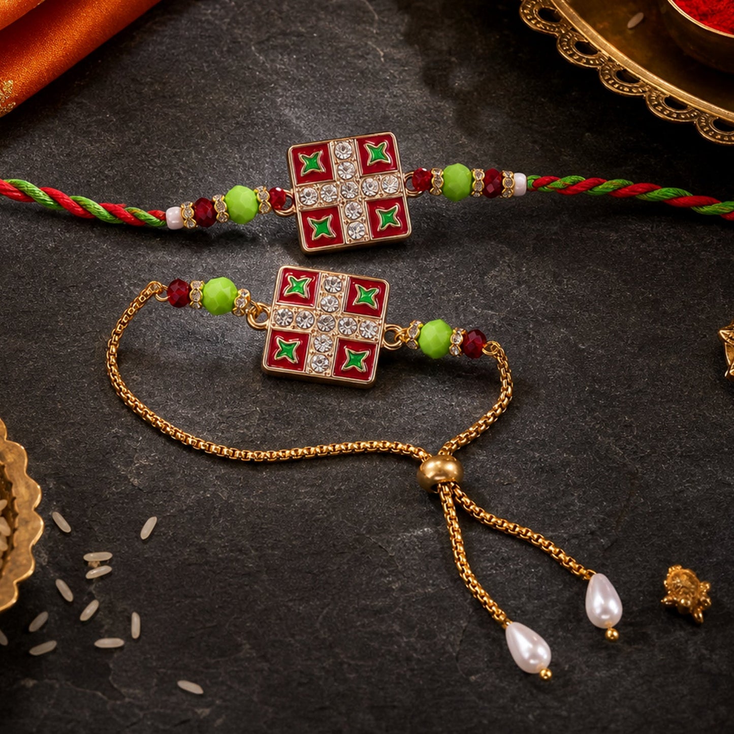 Two red and green beaded bracelets with square floral centers, one on a braided string and the other on a gold chain with