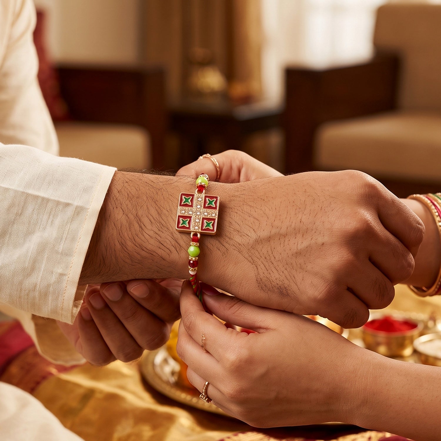 A person's hand tying a red and green beaded bracelet with a square floral center onto another person's arm.