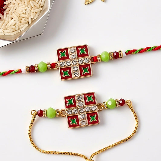 Two red and green beaded bracelets with square floral centers, one on a braided string and the other on a gold chain.
