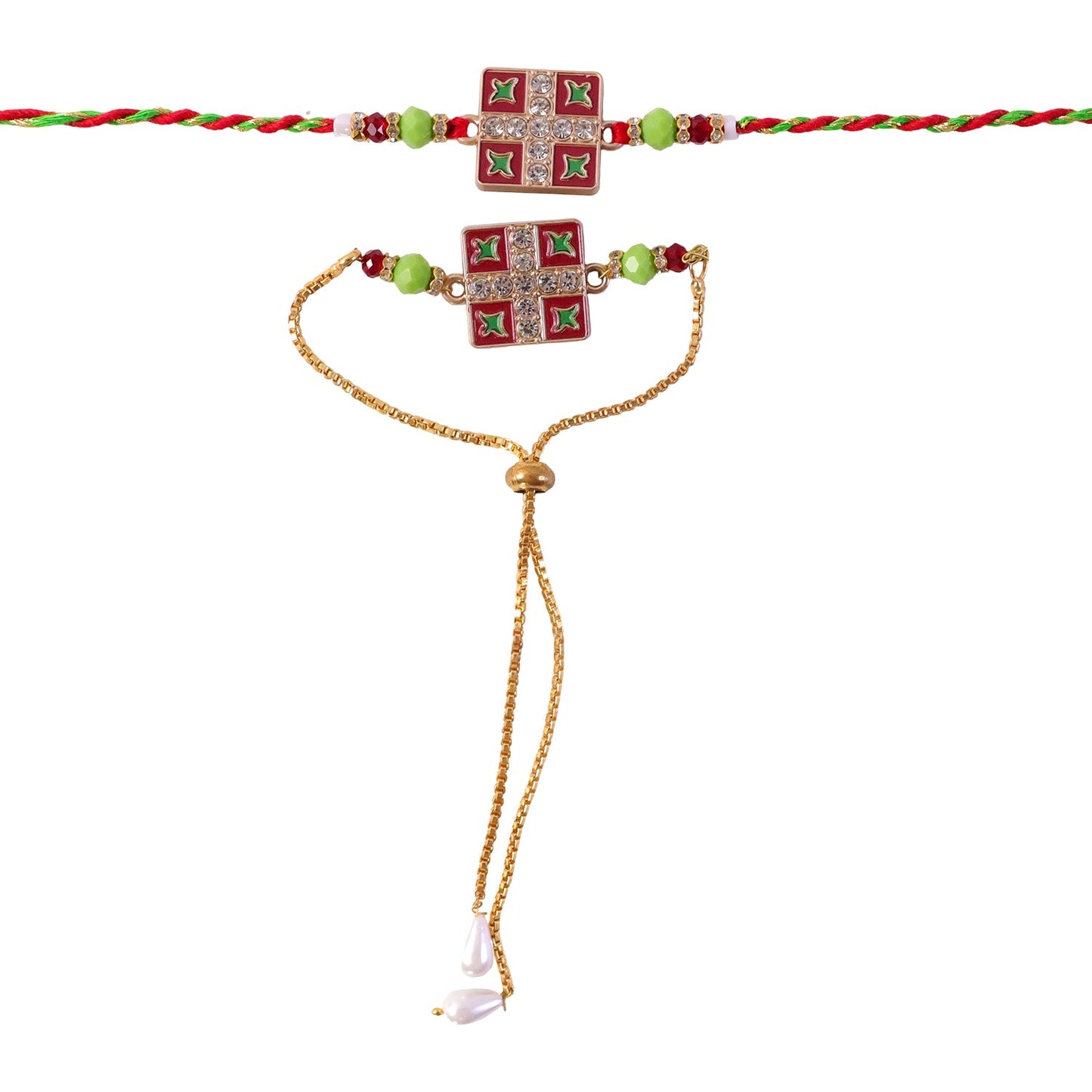 A red and green braided bracelet and a matching red and green beaded gold chain bracelet with pearl drops, both with square