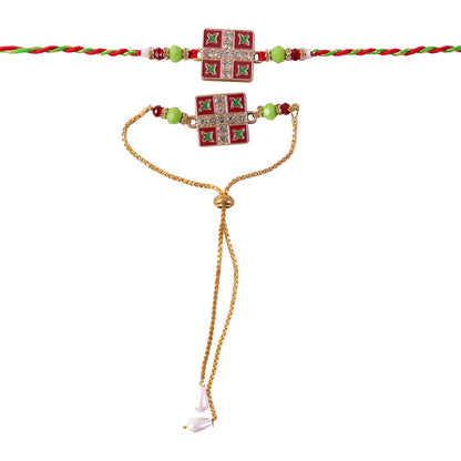 A red and green braided bracelet and a matching red and green beaded gold chain bracelet with pearl drops, both with square