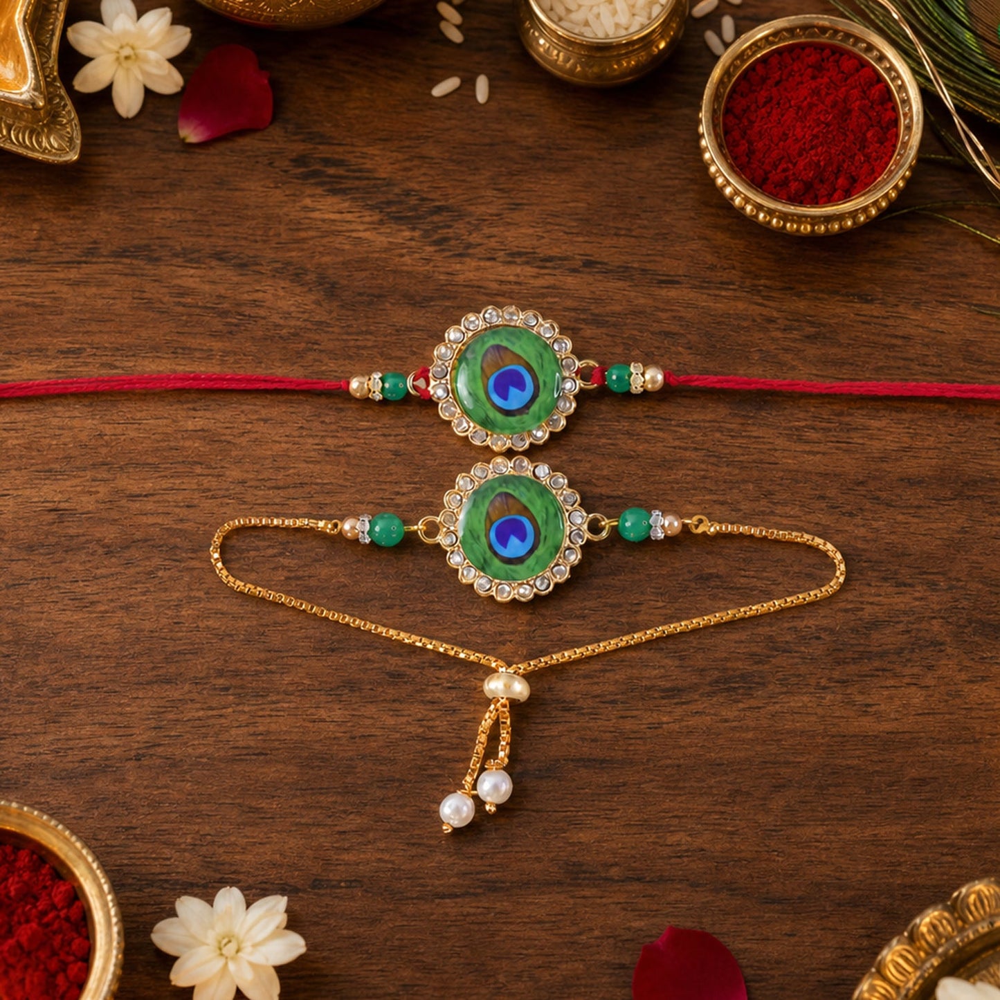 Two peacock feather design bracelets on a wooden surface with rice, kumkum, and white flowers.