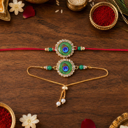 Two peacock feather design bracelets on a wooden surface with rice, kumkum, and white flowers.