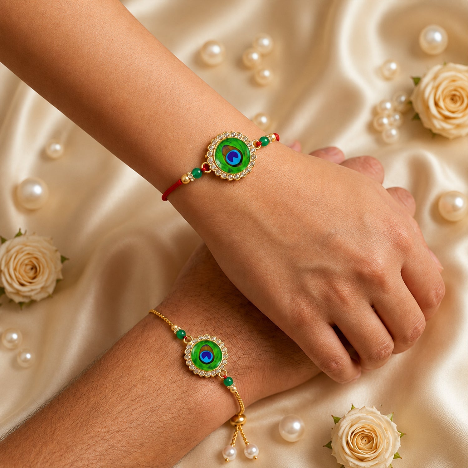 Two hands wear peacock feather design bracelets, one on a red thread, the other on a gold chain.