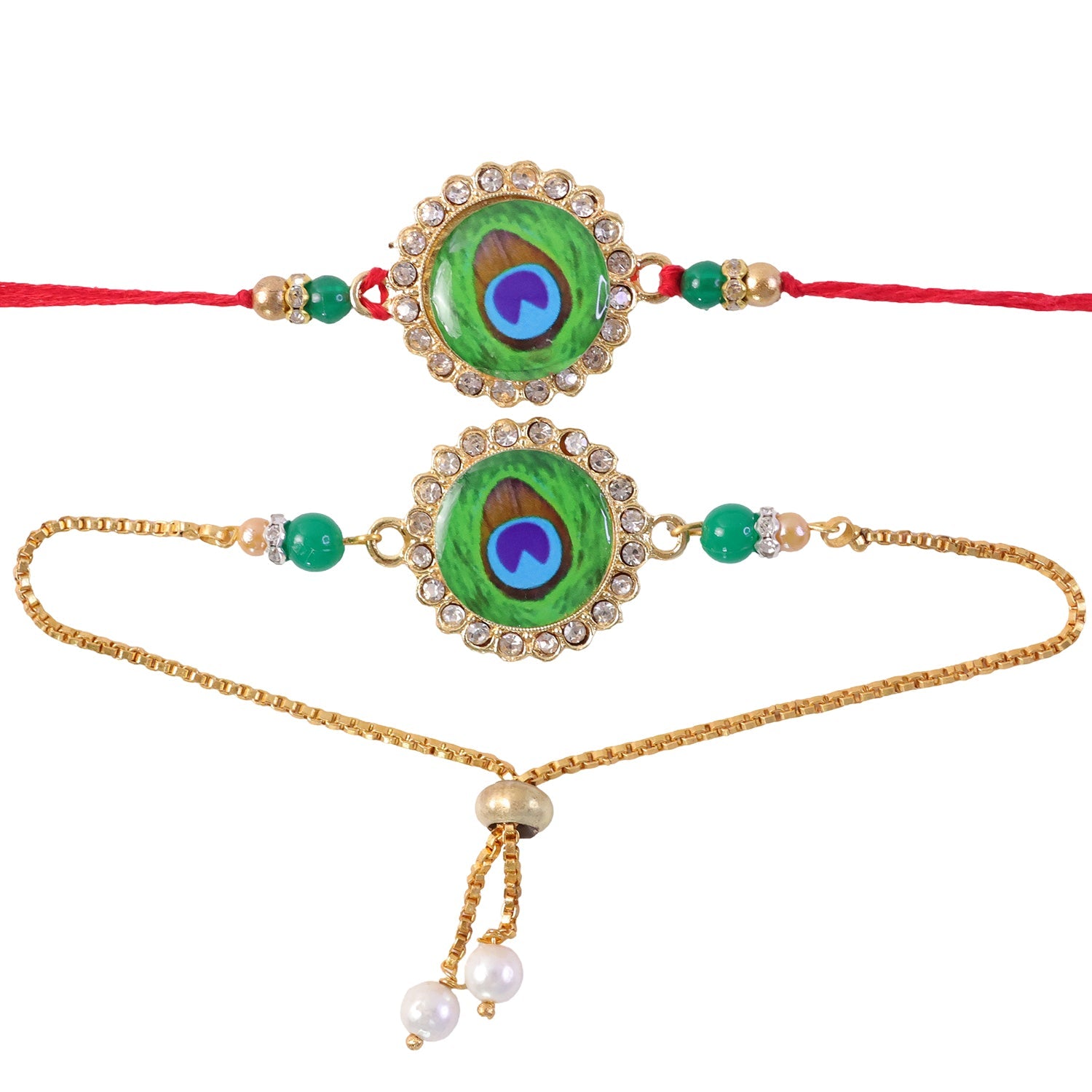 Two peacock feather design bracelets, one on a red thread and one on a gold chain, on a white background.