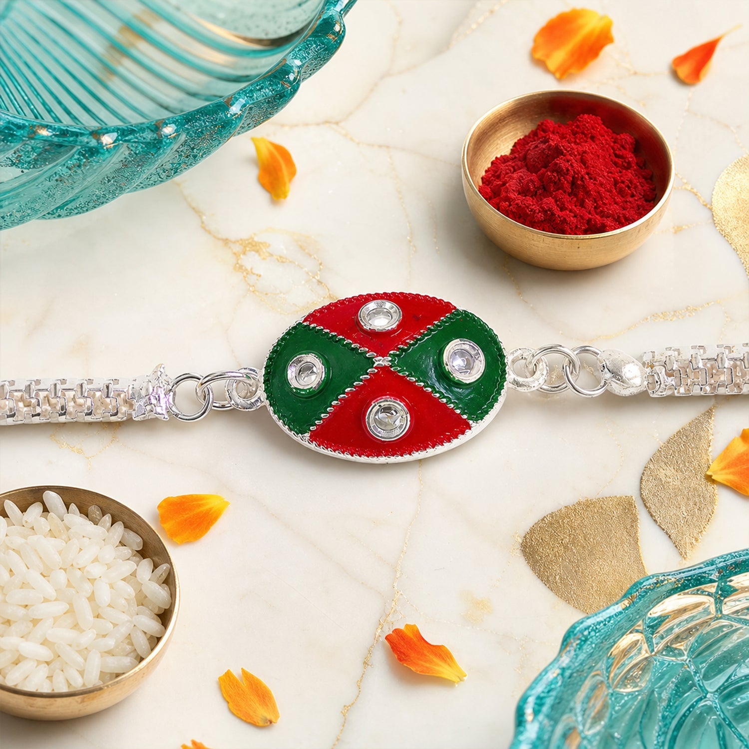 Oval Meenakari Enamel Kundan Cross Pattern Silver Chain Designer Rakhi