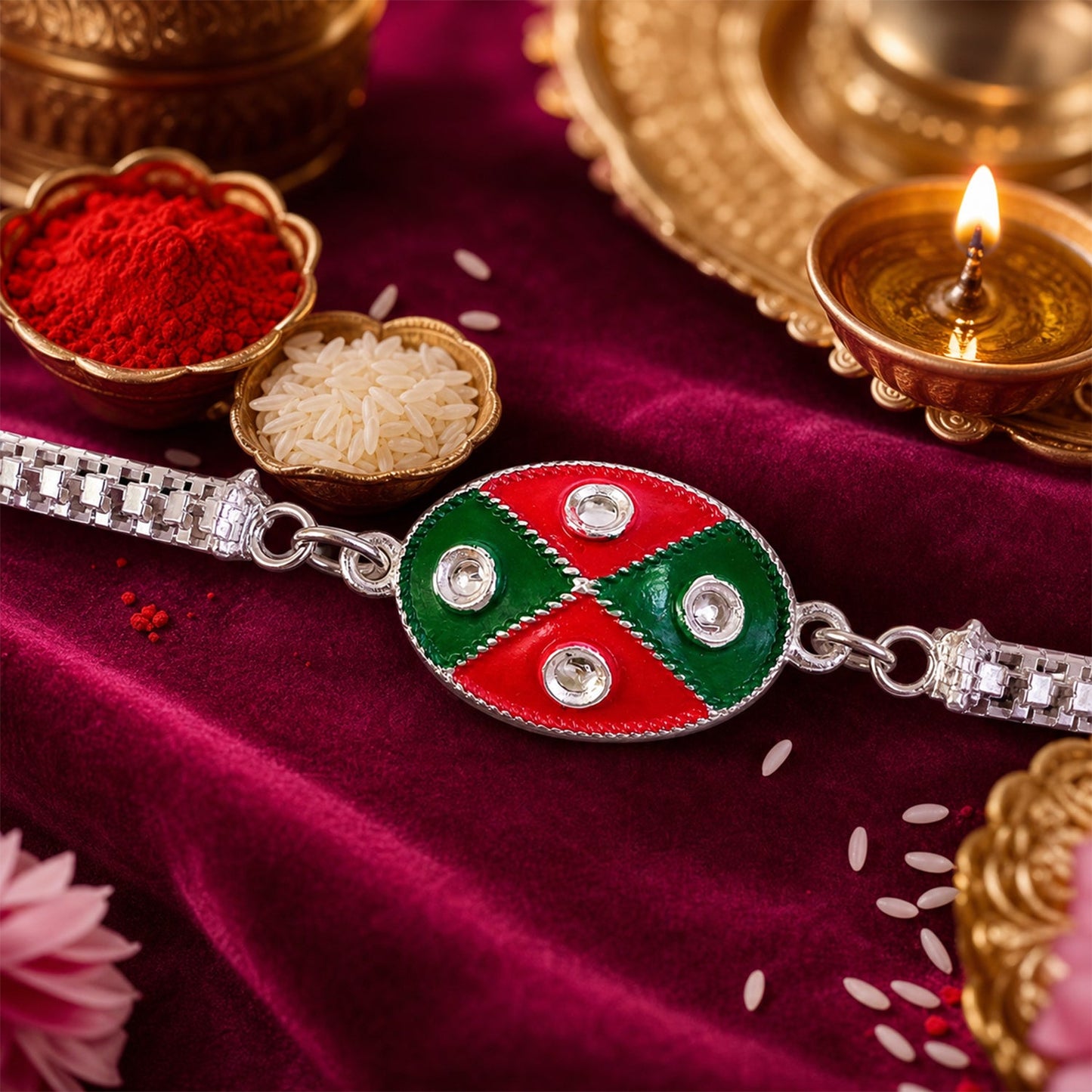 Oval Meenakari Enamel Kundan Cross Pattern Silver Chain Designer Rakhi