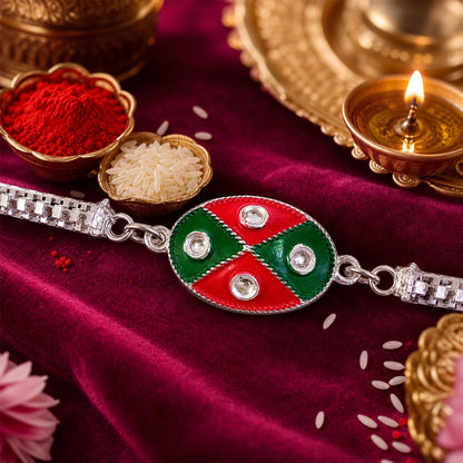 Oval Meenakari Enamel Kundan Cross Pattern Silver Chain Designer Rakhi