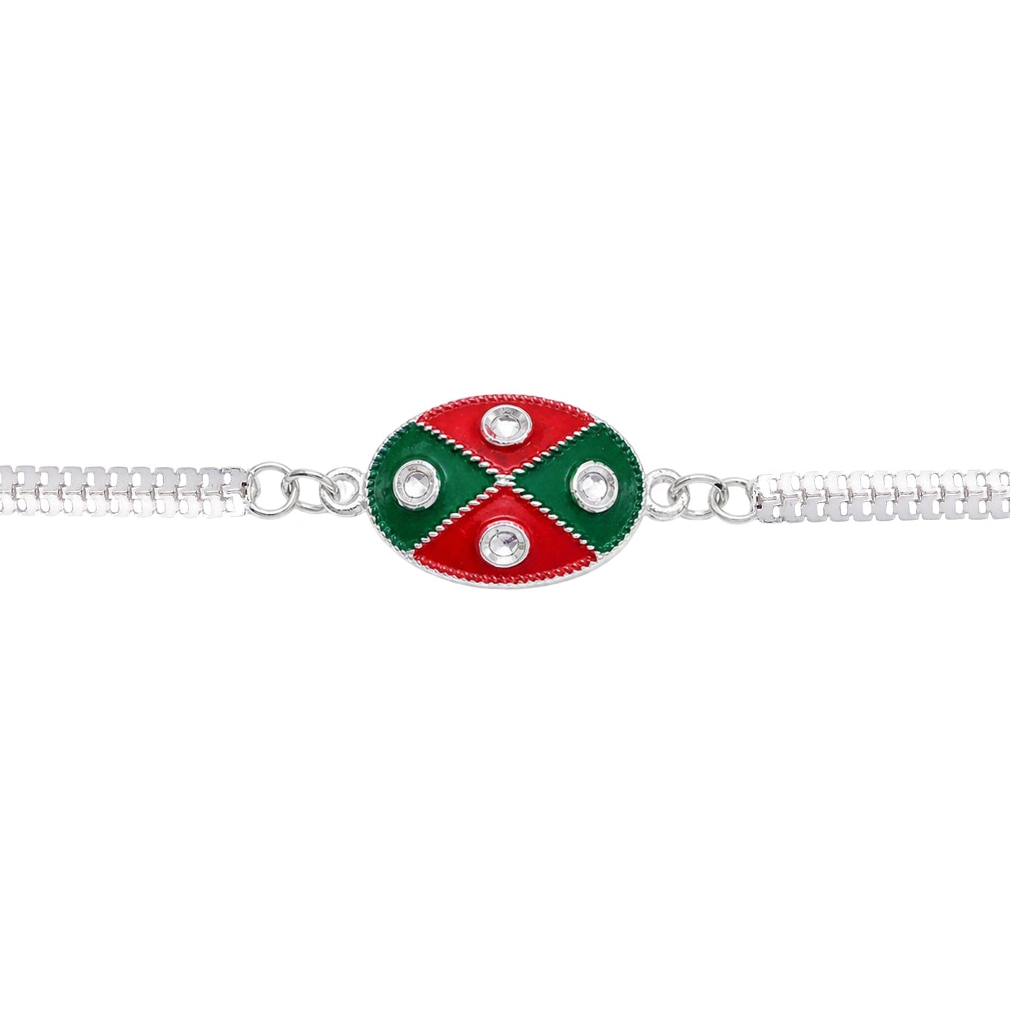 Oval Meenakari Enamel Kundan Cross Pattern Silver Chain Designer Rakhi