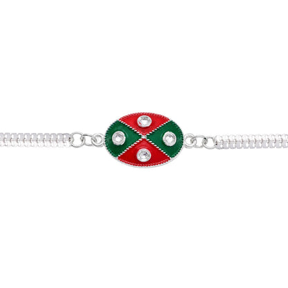 Oval Meenakari Enamel Kundan Cross Pattern Silver Chain Designer Rakhi