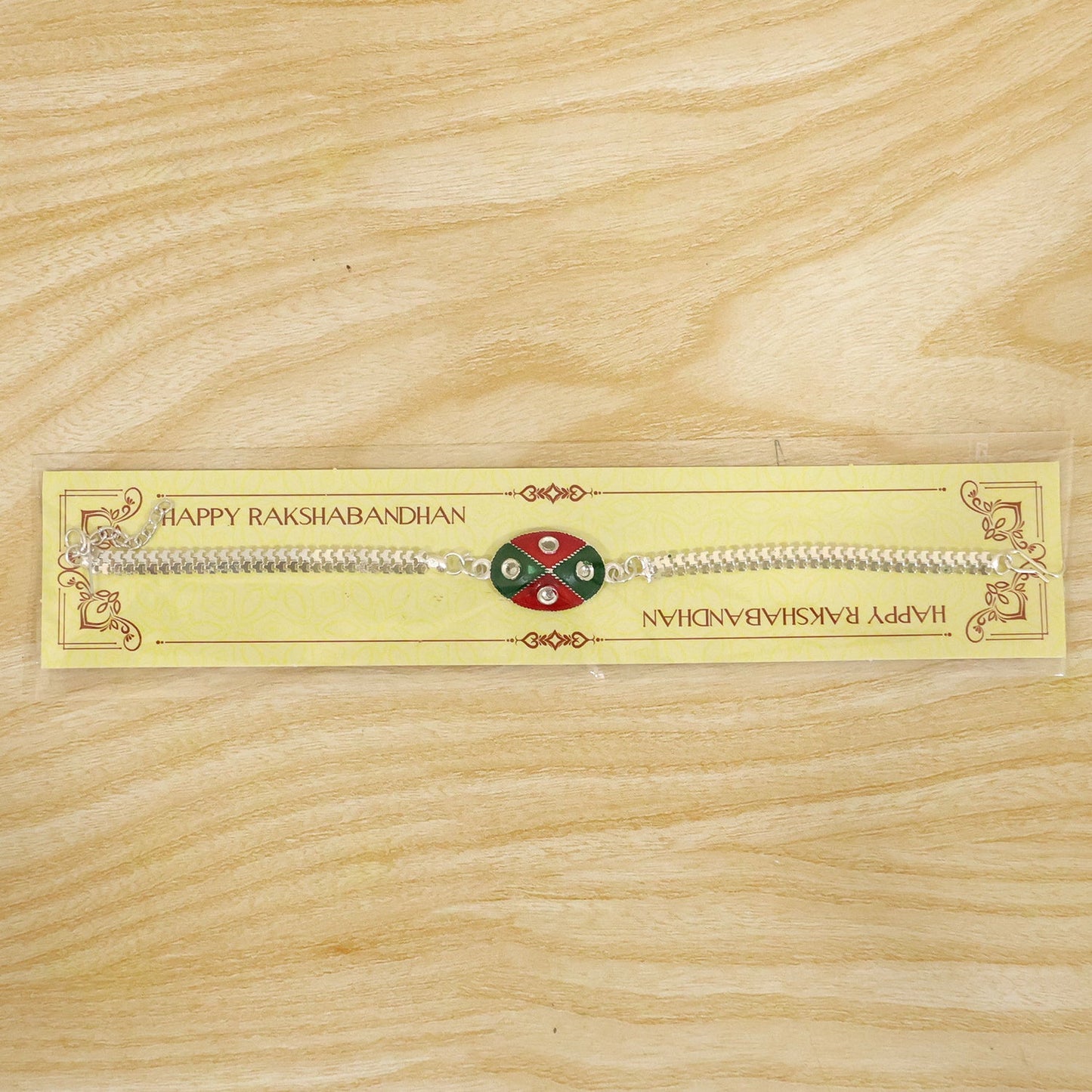 Oval Meenakari Enamel Kundan Cross Pattern Silver Chain Designer Rakhi
