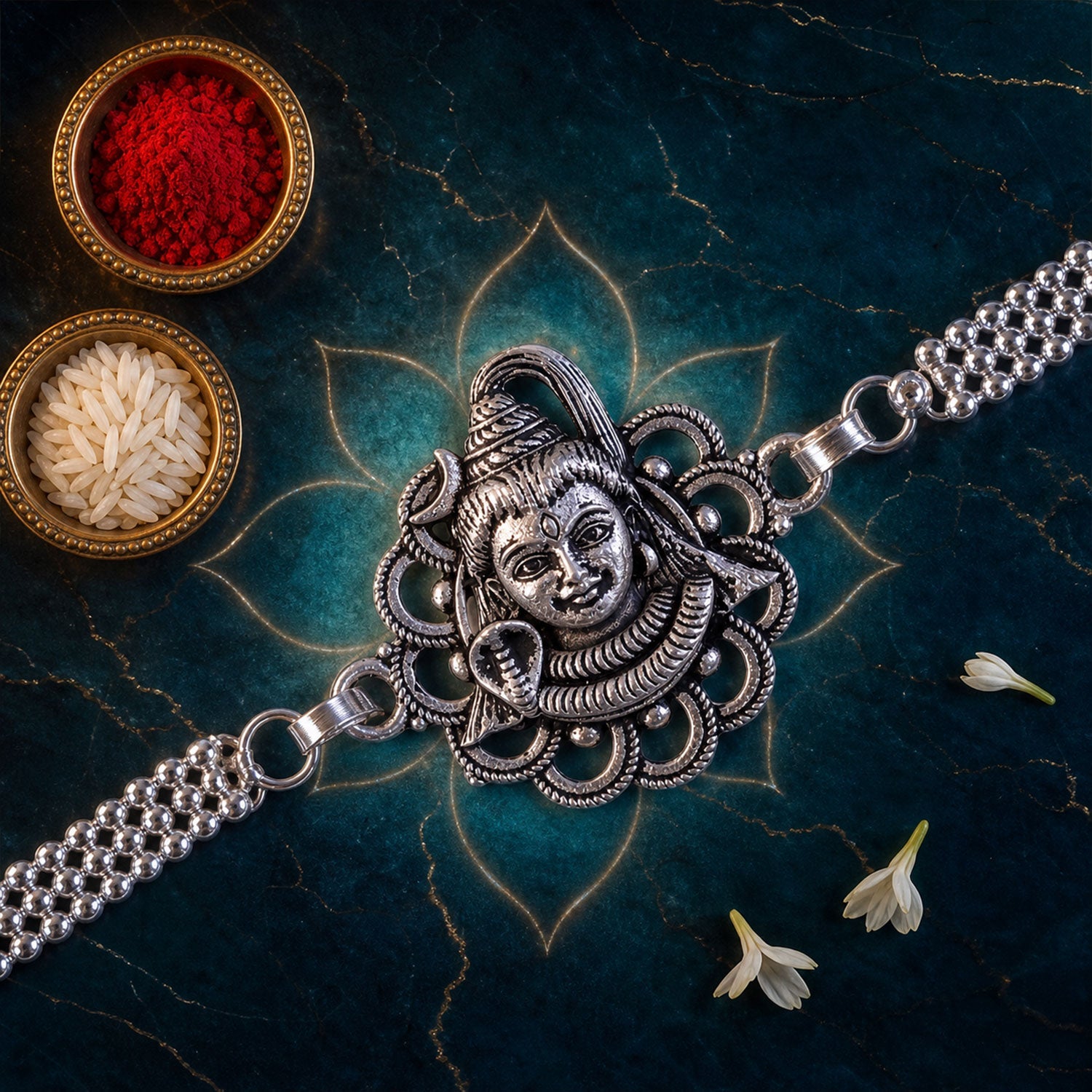Mahadev Shivling Trishul Enamel Crystal Silver Chain Designer Rakhi