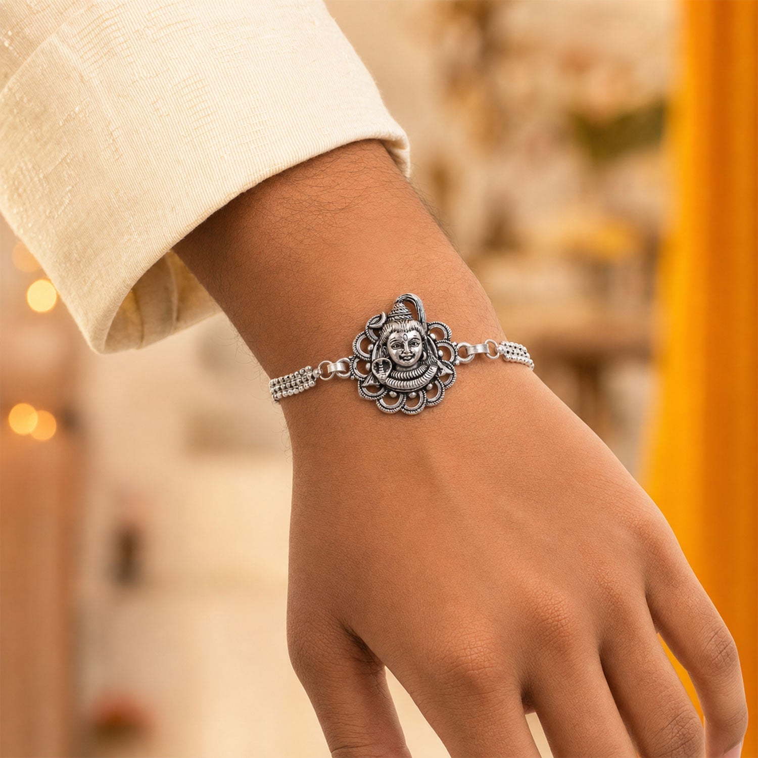 Mahadev Shivling Trishul Enamel Crystal Silver Chain Designer Rakhi