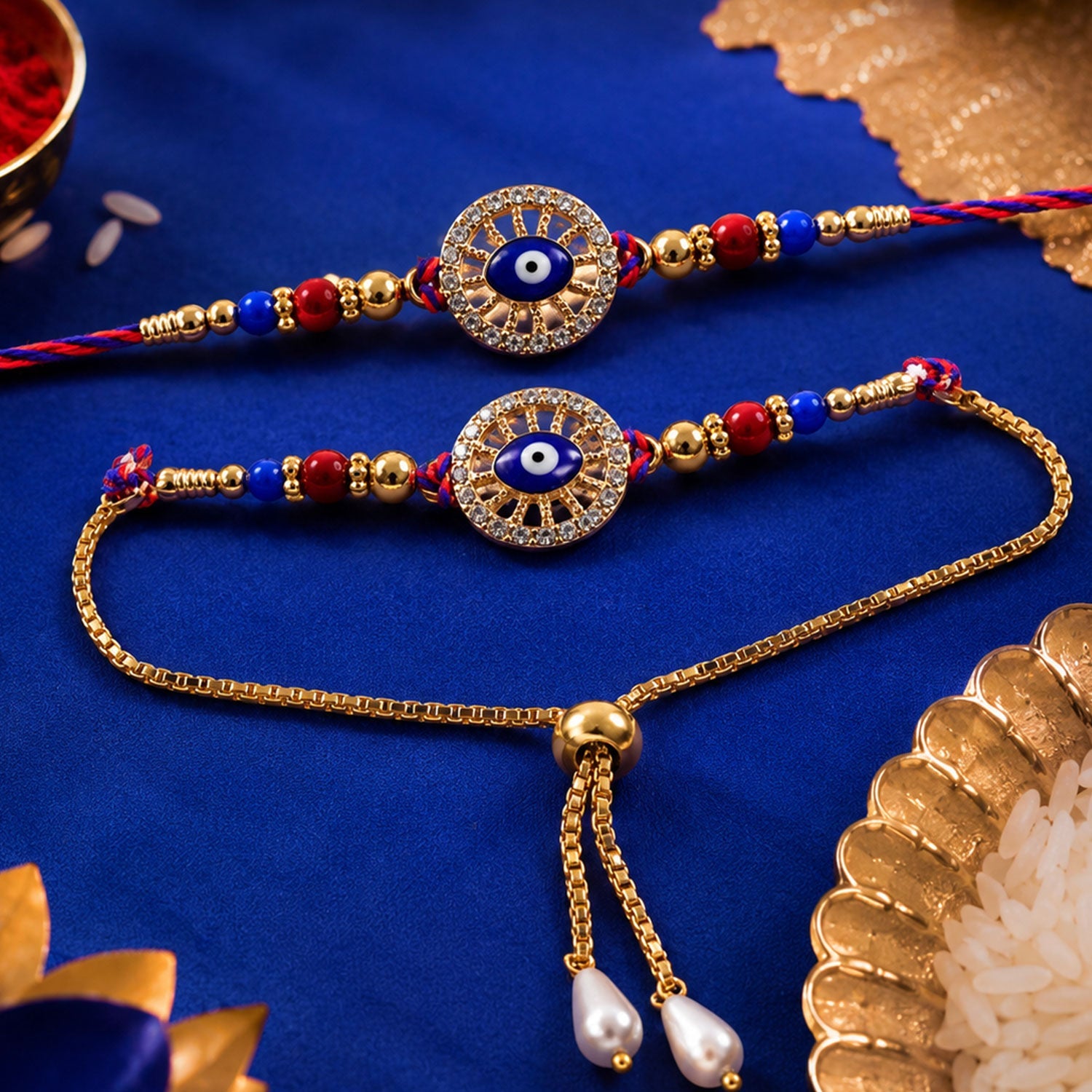 Premium Evil Eye Beaded Lumba Set Pattern bhai bhabhi Rakhi