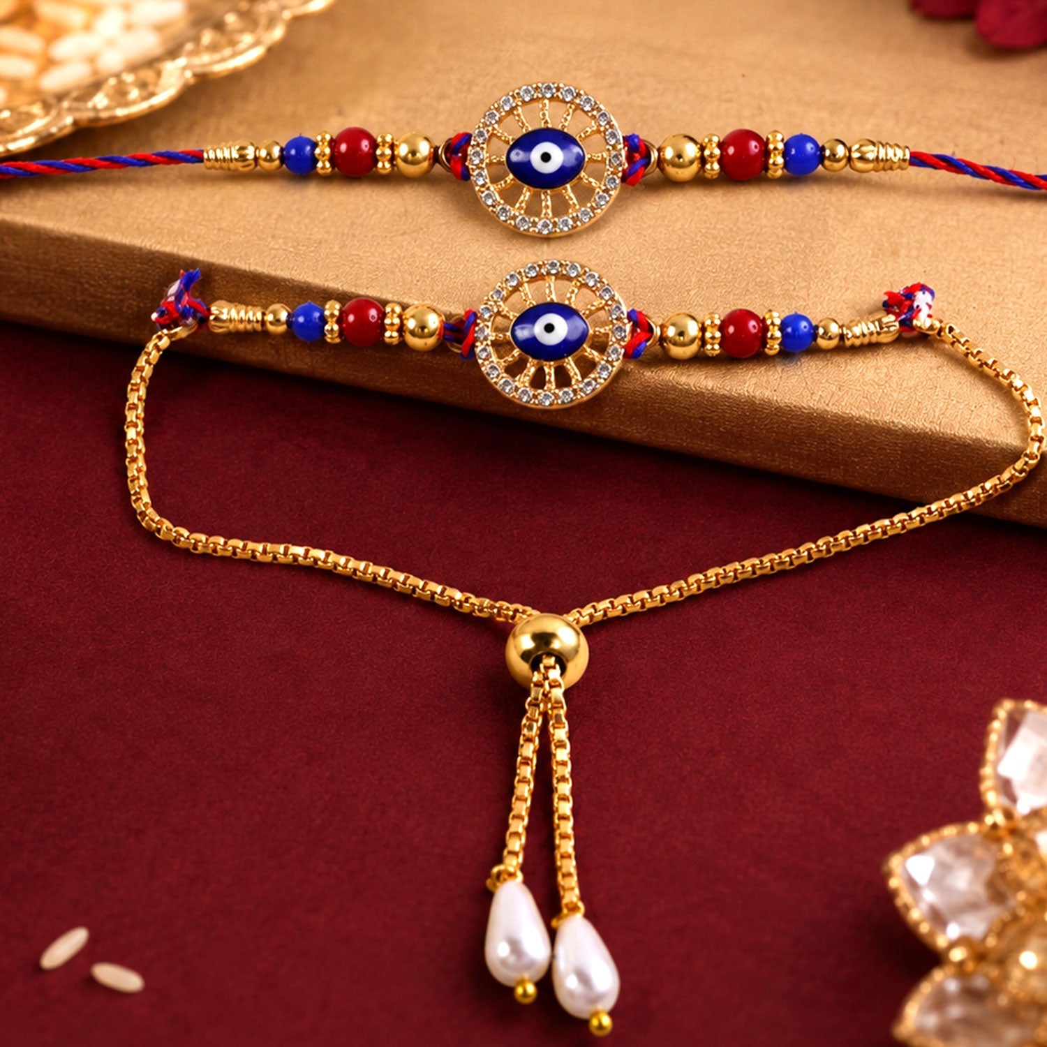 Premium Evil Eye Beaded Lumba Set Pattern bhai bhabhi Rakhi