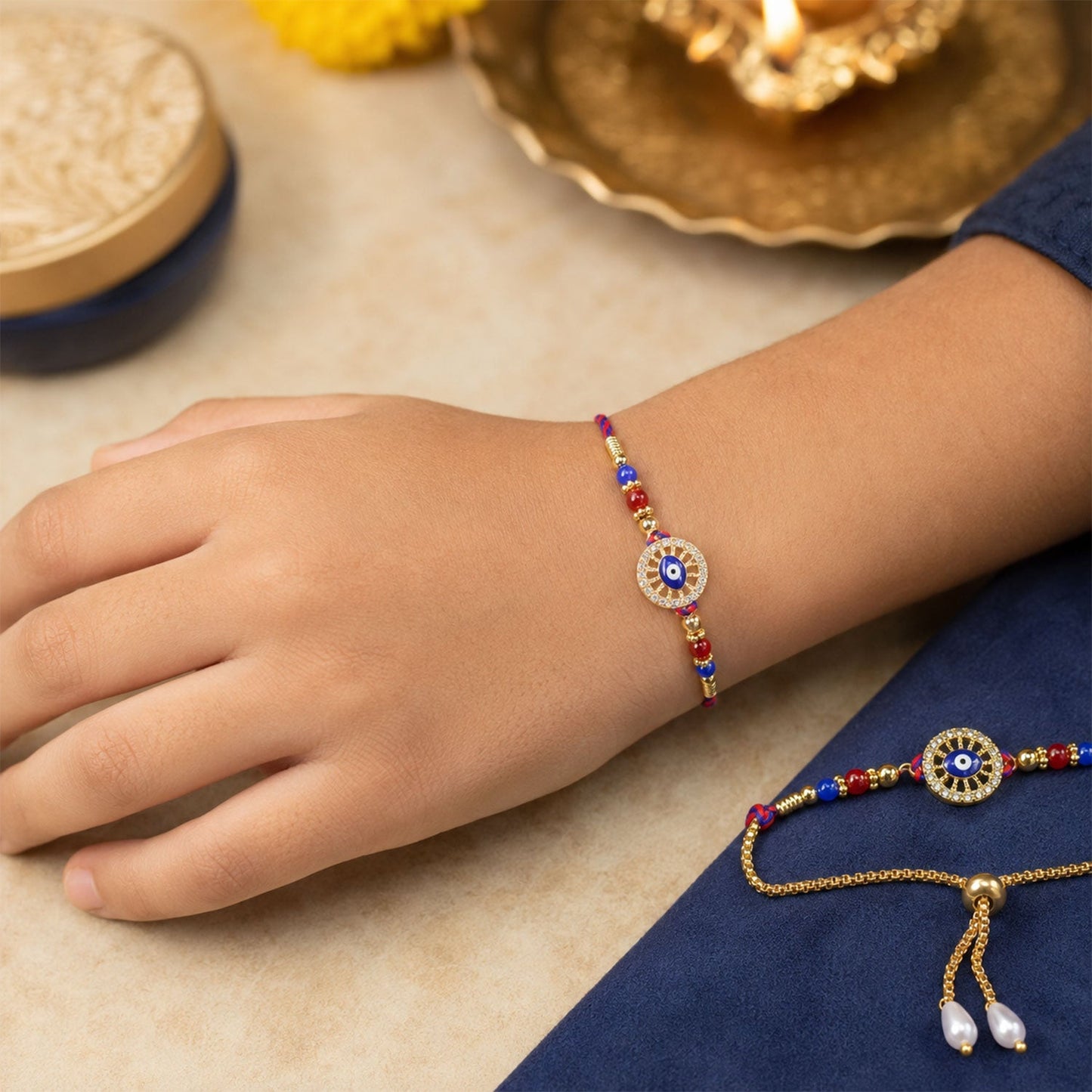 Premium Evil Eye Beaded Lumba Set Pattern bhai bhabhi Rakhi