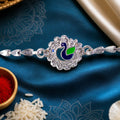 Peacock Charm Chain Style Elegant Stone Work Pattern Designer Rakhi