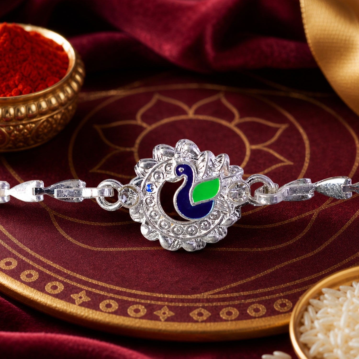Peacock Charm Chain Style Elegant Stone Work Pattern Designer Rakhi