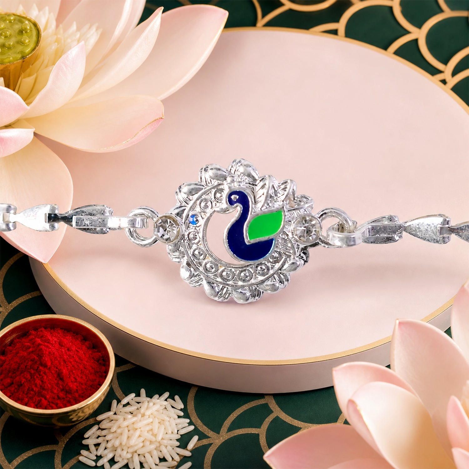 Peacock Charm Chain Style Elegant Stone Work Pattern Designer Rakhi