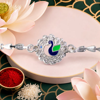 Peacock Charm Chain Style Elegant Stone Work Pattern Designer Rakhi
