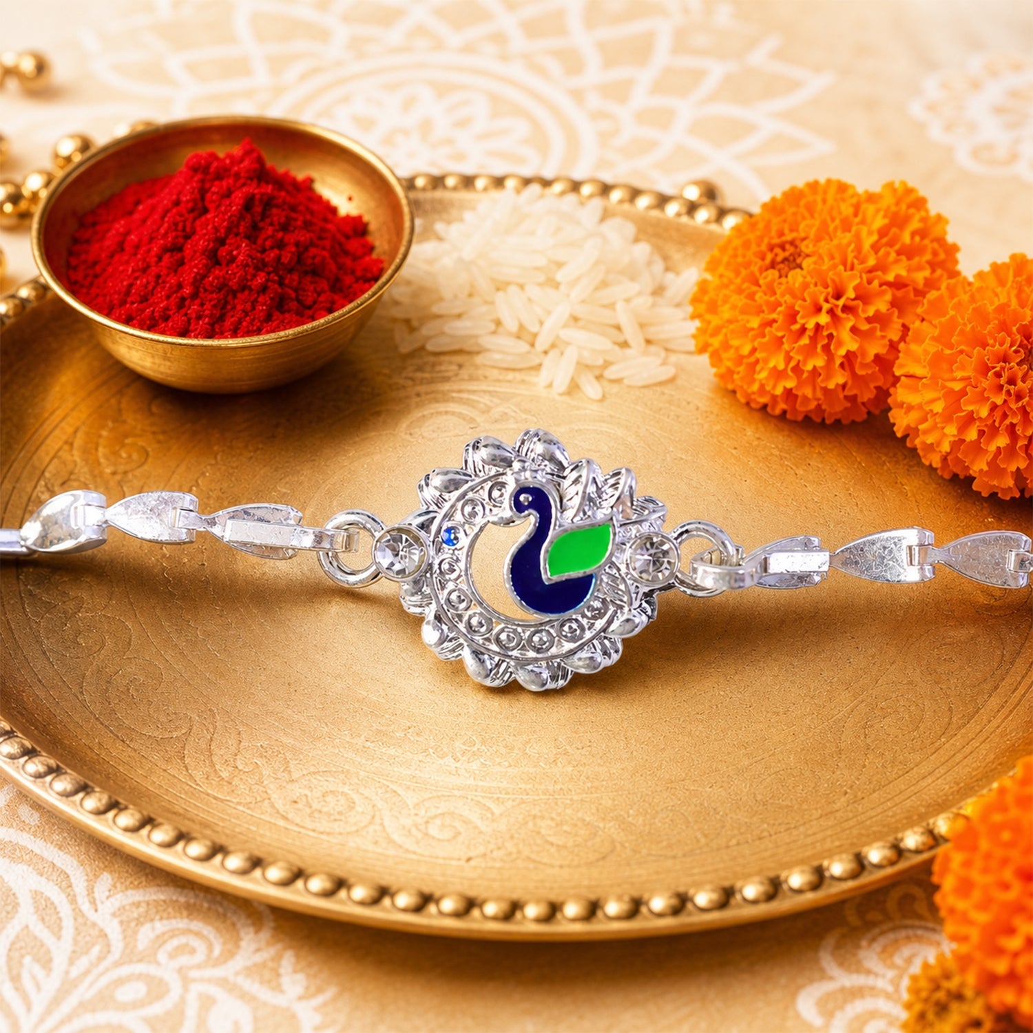 Peacock Charm Chain Style Elegant Stone Work Pattern Designer Rakhi