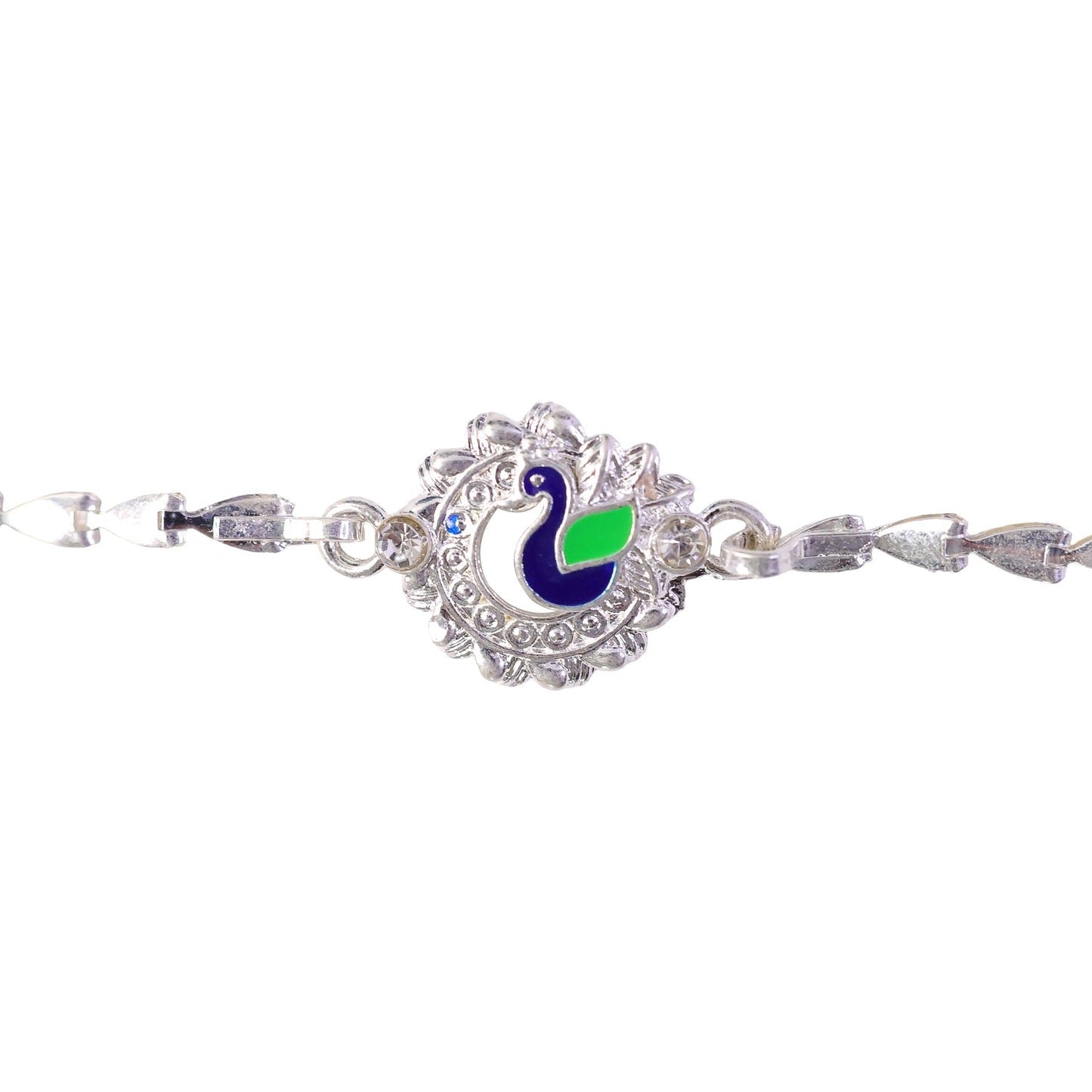 Peacock Charm Chain Style Elegant Stone Work Pattern Designer Rakhi