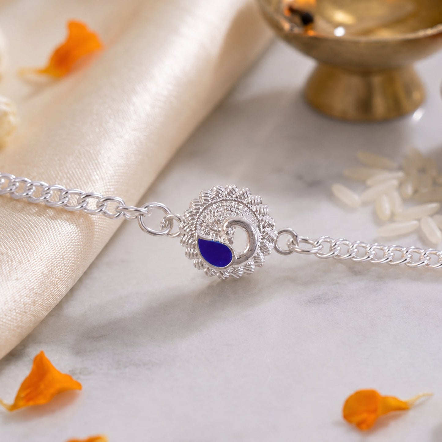 Round Peacock Motif Chain Style Classic Stone Pattern Rakhi for Brother