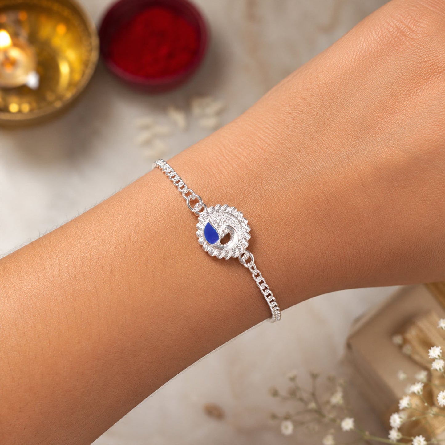 Round Peacock Motif Chain Style Classic Stone Pattern Rakhi for Brother