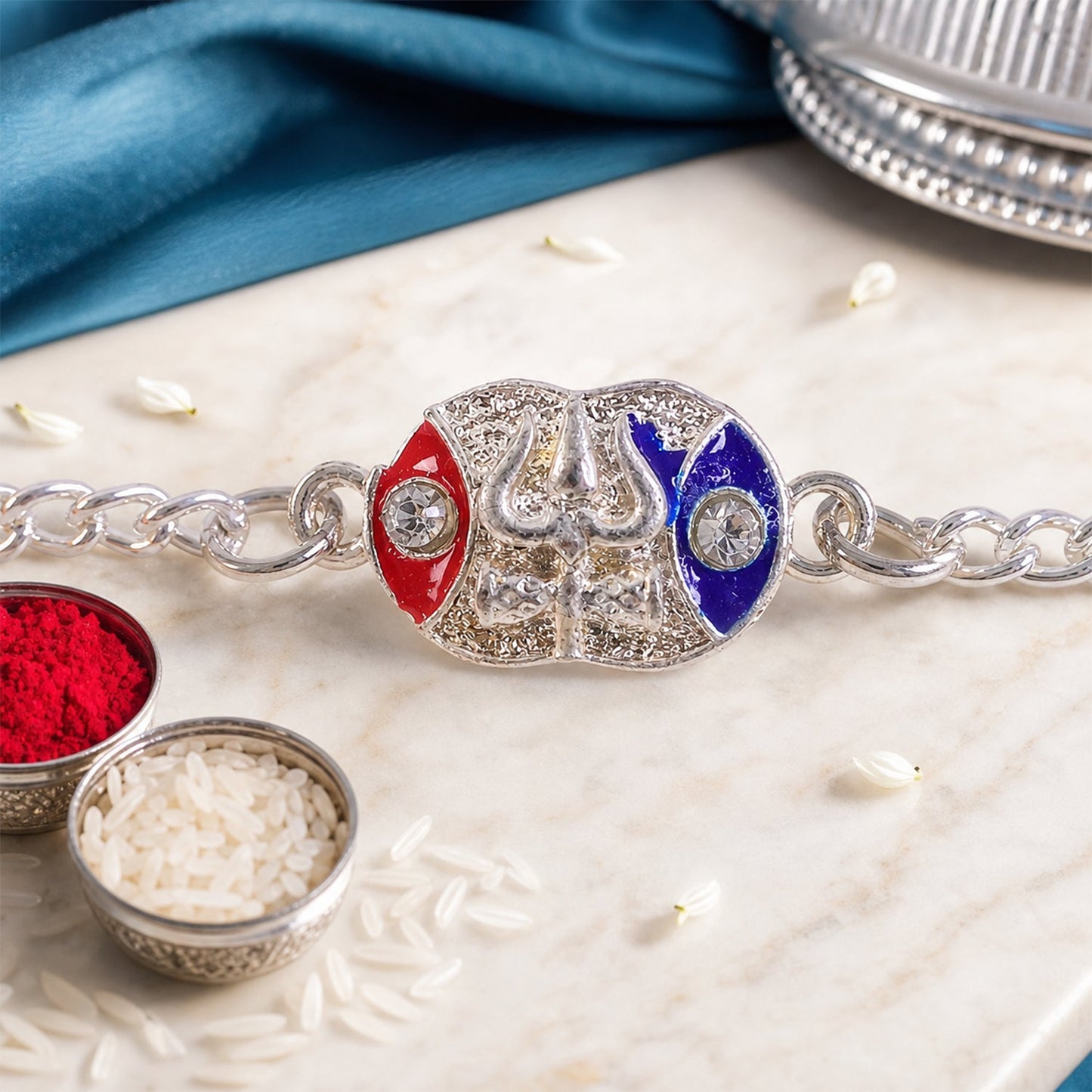 Shiv Trishul Enamel Crystal Stone Silver Chain Designer Rakhi