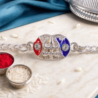 Shiv Trishul Enamel Crystal Stone Silver Chain Designer Rakhi