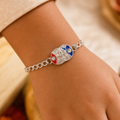 Shiv Trishul Enamel Crystal Stone Silver Chain Designer Rakhi