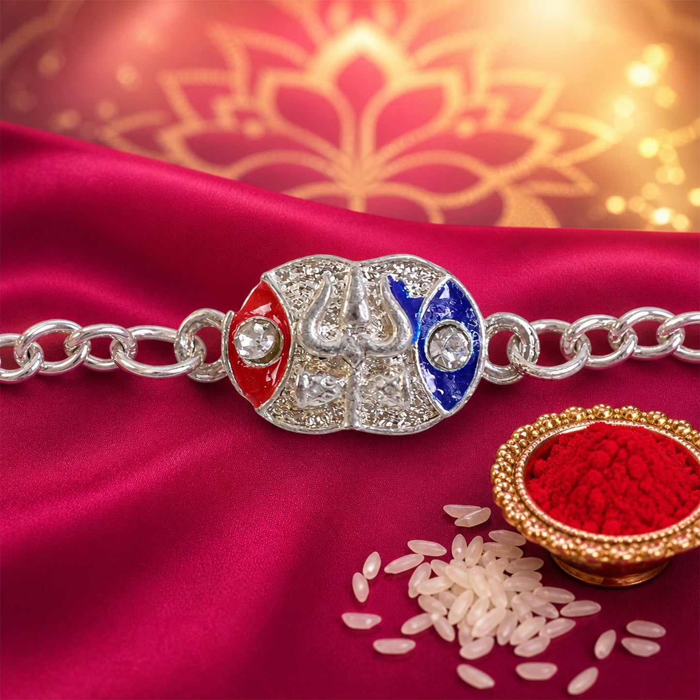 Shiv Trishul Enamel Crystal Stone Silver Chain Designer Rakhi