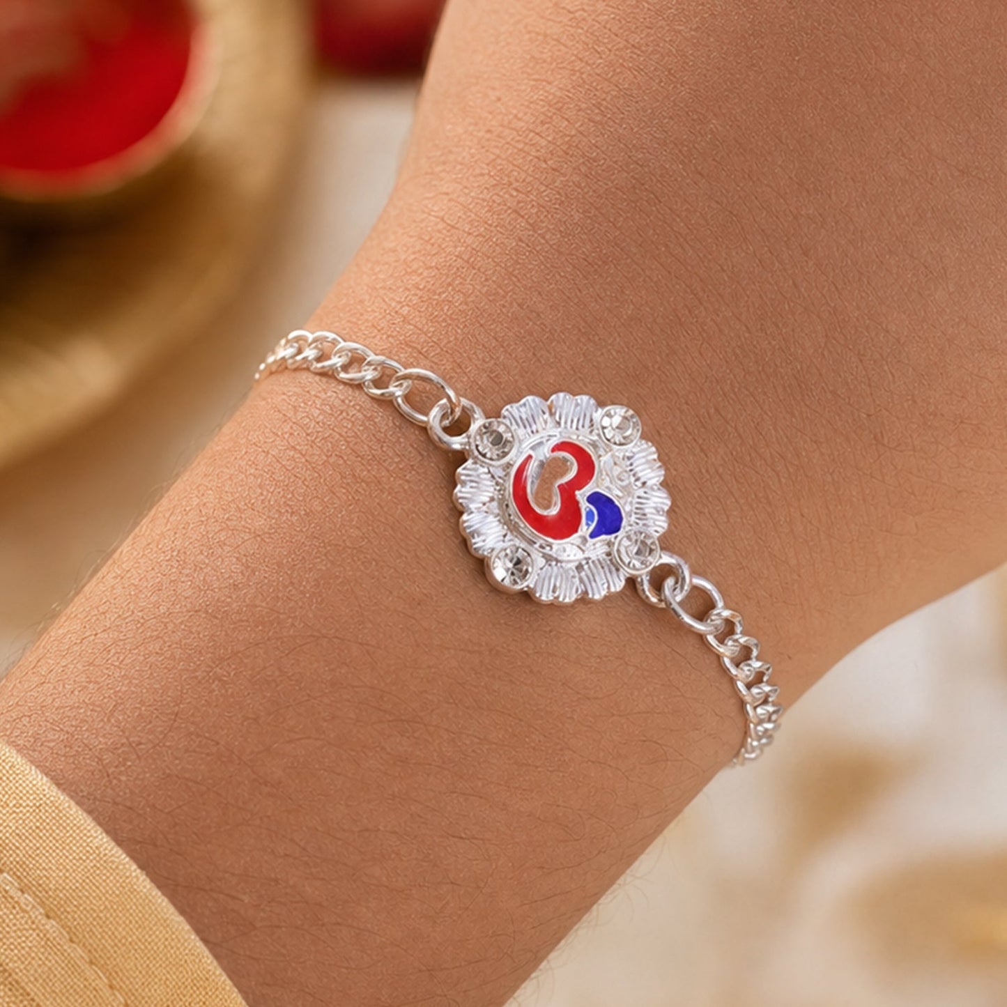 Om Floral Chain Style Sacred Motif Pattern Work Designer Rakhi