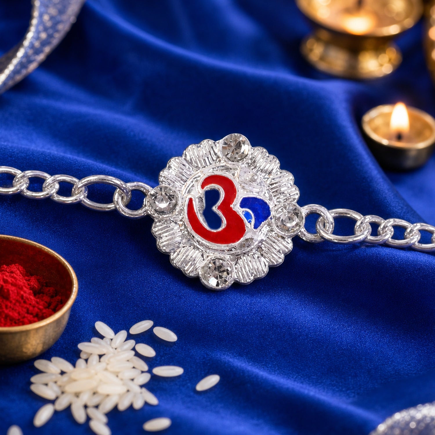 Om Floral Chain Style Sacred Motif Pattern Work Designer Rakhi
