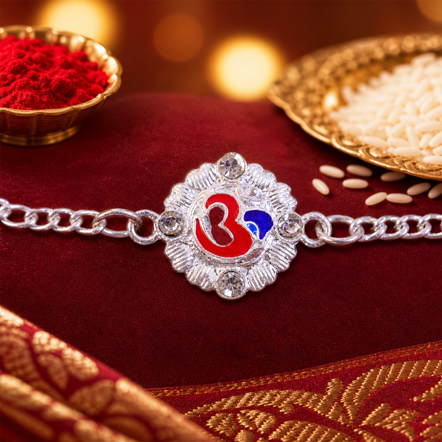 Om Floral Chain Style Sacred Motif Pattern Work Designer Rakhi