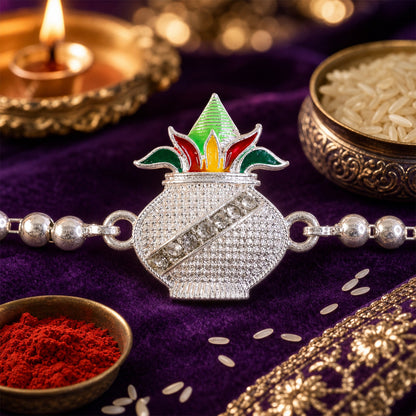 Kalash Enamel Crystal Stone Silver Chain Designer Rakhi