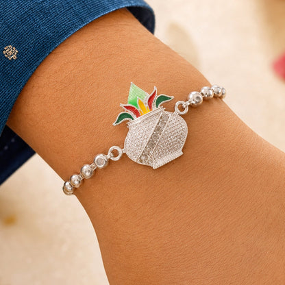 Kalash Enamel Crystal Stone Silver Chain Designer Rakhi